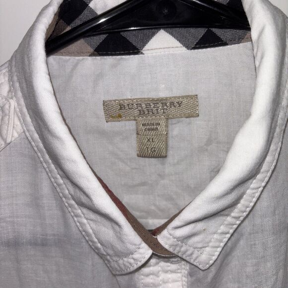 Burberry Brit White NovaCheck Tunic Top 3/4 Roll Tab Sleeve Ramie Blouse XL - Picture 2 of 14